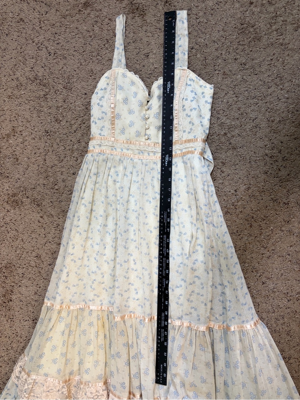Gunne Sax Vintage Floral Tiered Maxi Sundress Lace Trim Boho Cream Beige Size 7 - Picture 13 of 14